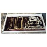 Gold Necklaces, Faux Pearls, And Wood Display Tray
