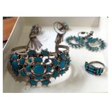 Silver Tone And Turquoise Cuff Bracelet, Ring, And Clip On Earrings (Qty 2 Pair)