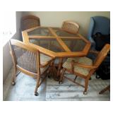 Solid Wood Octagonal Glass Top Dinette Table 29" x 48" x 48", With Rolling Cane Back Upholstered Cha