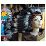Native American Feathered Headdress With Beaded Leather Hat Band