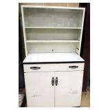 Vintage Metal Cabinet With 2-Shelf Hutch, 1 Drawer, 2 Door Lower Storage Area, 1 With Sliding Glass 