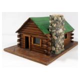 Miniature Log Cabin With Rock Chimney, Removable Roof, On Platform, 6.5" High x 14" Wide x 10.25" De