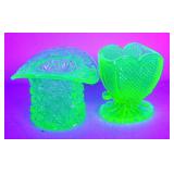 Pressed Vaseline Glass Top Hat And Heart Containers, Approx 2.5" High