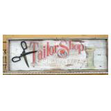 Hand-Painted "Tailor Shop And Sewing Repair" Sign With Antique Scissors Attached, 36.5" Wide x 12" H