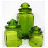 Green Glass Canister Collection, All With Lids, Sizes Range 5" High To 12" High, Total Qty 5