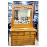 Antique Dresser With 4 Drawers 31" H x 48" W x 21" D, Pivoting Mirror 50" H x 43" W, Pin And Crescen