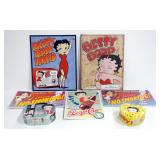 Betty Boop Collectibles, Includes Tin Wall Hanging Signs (Qty 5) And Tin Lunch Pails (Qty 2)