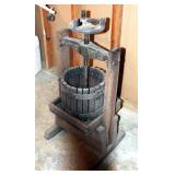 39" Antique Cast Iron And Oak Wine Press Labeled "The Red Cross Manufacturing Co. Bluffton, Indiana"