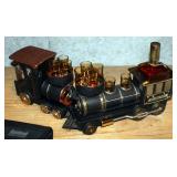 Vintage Rolling Metal 1880 Iron Horse Train Scotch Decanter With 6 Shot Glasses And Musical Metal Tr