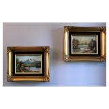 Matching Framed Oil On Canvas Landscape Scenes Qty 2, 9" x 11", And Framed Floral Art Print 30" x 16