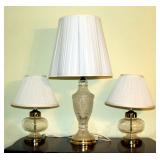 32" Cut Glass Table Lamp, And Matching 17" Accent Lamps With Glass Bases, Qty 2