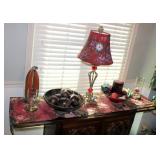 29" Buffet Lamp With Floral Shade, Decorative Bowls, Candle, Oil Lamps, And More