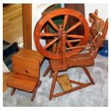 Solid Wood Spinning Wheel, 36" x 25" And Decorative Wood Miniature School Desk