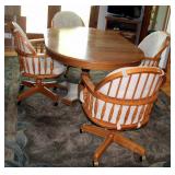 Solid Wood Pedestal Table, 30" x 65" x 41", And Solid Wood Rolling Dining Chairs Qty 4, Includes Cha