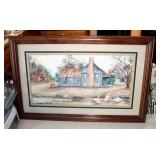 Framed, Matted Under Glass, Farm Scene By Freeman, 14" x 22"; And Framed, Under Glass, Country Print