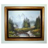 Framed, Oil On Canvas Landscape 25" x 29.5" And Wood Framed Windowbox Planter Wall Mirror 26" x 25"