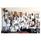 Large Hand Tool Assortment Including Bar Clamps, Craftsman Wood Clamps, Hand Saws, Pliers, Hammers, 
