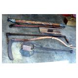 Vintage Scythe, 2 Man Saw, Pole Loppers QTY 2, And More