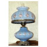 Vintage 24" Opaque Blue Glass Hurricane Lamp, Glass Shade Has Intricate Metal Trim, With Metal Foote