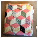 Hand Quilted Tumbling Block Patch Quilt, Approximately 80" x 68"