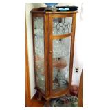 Solid Oak Curio Cabinet With Leaded Beveled Glass Panel And Glass Shelves, Has Key, 59" x 22" x 17"