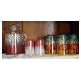 Vintage 7.5" Glass Pitcher With 6 Matching Juice Glasses And Floral Printed Drinking Glass Set Qty 8