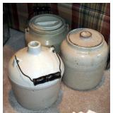 One Gallon Red Wing Jug With Wire Bail And Wood Handle And Stoneware Pickling Jars With Lids Qty 2 (