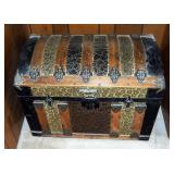 Antique Camelback Storage Trunk With Stamped Metal Overlay/Hardware And Inner Tray, 21" x 28" x 17"
