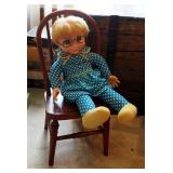 Vintage Mrs. Beasley Soft Body Doll And Antique Wood Toddler Chair