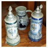 Hand Painted German Armin Bay Steins Qty 2, And Heidelberg Stoneware Pitcher