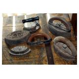 Antique Cast Iron Iron Assortment, Qty 4, Including Asbestos Sad Iron, Miss Potts Sad Irons, And Mor