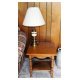 Turned Wood End Table, 21.5" x 21" x 21", Includes 32" Brass Pedestal Table Lamp