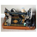 Antique Portable Electric Singer Sewing Machine With Foot Pedal And Wood Carrying Case