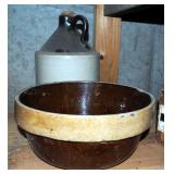 Antique Stoneware Jugs, Butter Crocks, 10" Mixing Bowl, And More