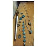 Vintage Sterling Silver Jewelry Including Rings, Matching Turquoise Bracelet And Earring Set, Neckla