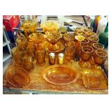 Amber Glass Assortment Including Ruffled Edge Pedestal Bowls, Drinking Glasses, Serving Trays, Salt 