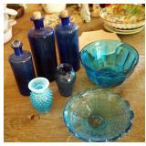 Blue Glass Bottles, Serving Bowl, Bud Vase And More