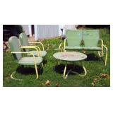 Vintage Metal Patio Set Including Two Arm Chairs, Glider And Round Table