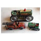 Vintage Tin Toys, Including Wind Up Tractor And Fire Truck, Qty 3
