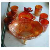 Marigold Carnival Glass Assortment Including 10" Footed Bowl, Juice Glasses Qty 6, Serving Bowl And 