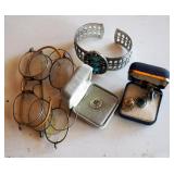 Tie Tacks, Turquoise And Silver Cuff Bracelet, And Vintage Eye Glasses