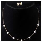14k Gold Necklace, 17" Long, With Pearl Like Gems And Pair Of Opalescent Earrings, Backing Marked 14