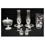 Avon Hummingbird Crystal Covered Candy Dish, Bud Vases (2), Vase, Candle Stick And Salt & Pepper