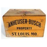 1944 Anheueser-Busch Wood Bottle Crate With Strapped Hinge Lid, Holds 24- 12 oz Bottles, 10.25" High
