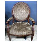 Upholstered Arm Chair With Padded Seat, Back And Arms, And Carved Wood Design, 41" High