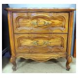 Two-Drawer Nightstand With Brass Pulls And Scalloped Edge Top, 25.5" High x 26" Wide x 16" Deep