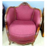 Victorian Style Tub Chair, With Removable Seat Cushion, Brass Tacs And Carved Trim, 34" High