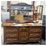 Vintage Dresser, With 9 Drawers, Brass Pulls, Dovetail Construction, 33" High x 64" Long x 18" Deep,