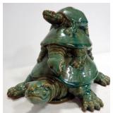 Ceramic Turtle Figurine With 3 Turtles On Top Of Each Other, 8" High