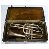 Vintage Cornet With 3 Mouth Pieces, Pearl On Tops Of Valves, In Case
